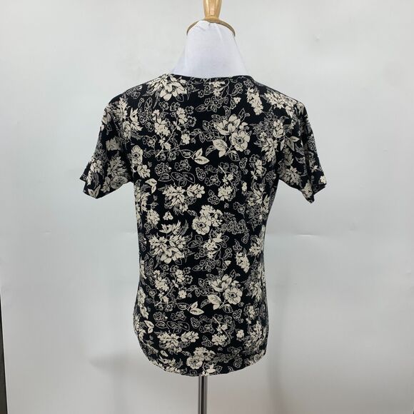 Eddie Bauer Shirt Womens S Small Black Beige Floral Short Sleeve Crew Stretch - Picture 5 of 12